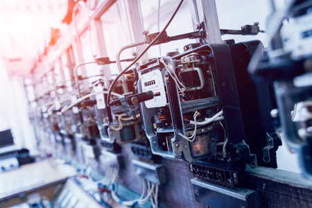 Electrical equipment. Electricity cable and crimper. Electricity meter. Background