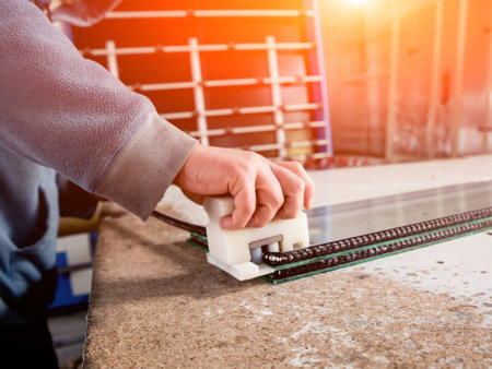 Conveyor belt for production a window pane. Industrial equipment.