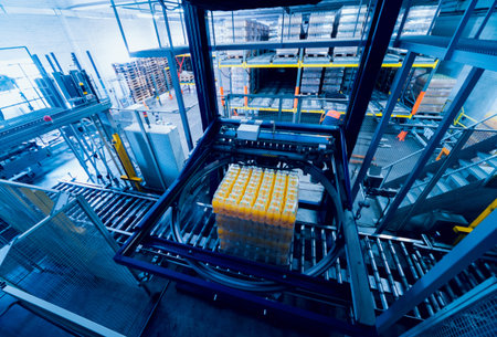 Strapping machine for packaging line. Modern machine for packaging line