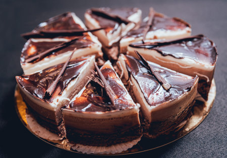 Chocolate cake on dark background. Restaurant background