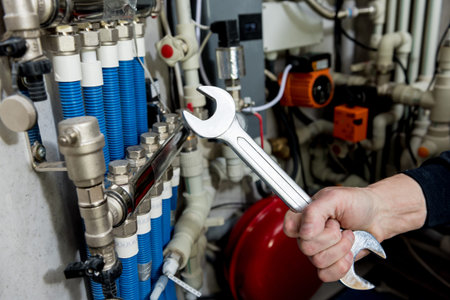 Heating engineer installing modern heating system in boiler room.