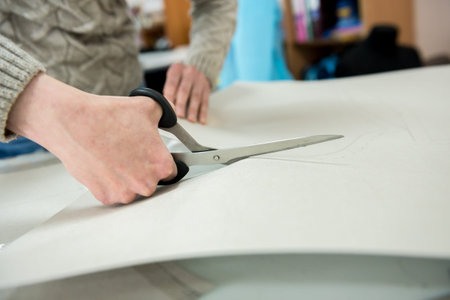 Fabric industry production line. Textile factory. Working tailoring process