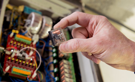 The man is repairing the switchboard voltage with automatic switches.