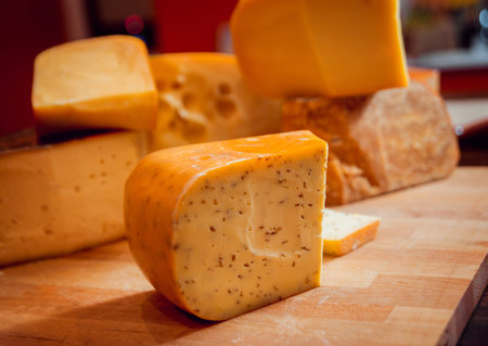 Knife with piece of cheese on a dark table