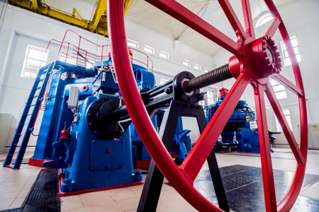 Turbine generators. Hydroelectric power plant. Electric background.