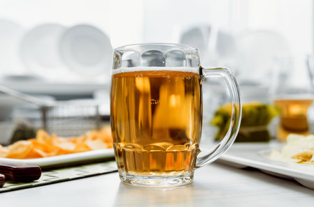 Beer and chips on the large white table