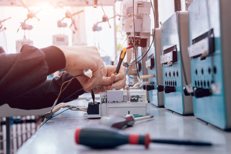 Electrician worker checking electricity meters. Electrical equipment. Background