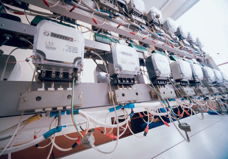 Electrical equipment. Electricity cable and crimper. Electricity meter. Background