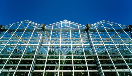 Modern glass greenhouses against the blue sky. Beautiful backgroundの写真素材