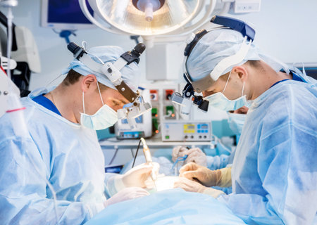 Spinal surgery. Group of surgeons in operating room with surgery equipment.