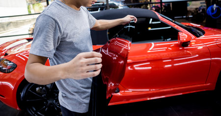 Applying tinting foil on a car window in a auto serviceの写真素材