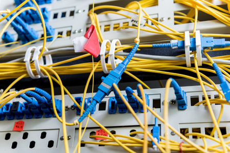 Server room with computers for internet. Network cables connected to switches.