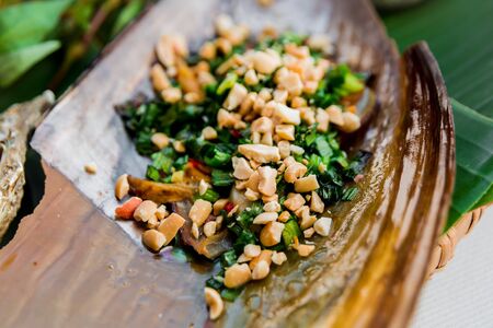 Shells on the dish with the palm leaf. Restaurant.の写真素材