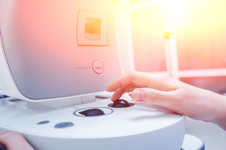 Eye tonometry. Non-contact tonometer. Glaucoma checkup. Optometry equipment.