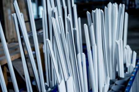 PVC window profile cut. Colored background. Details industrial equipment. Background