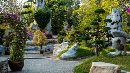 Luxury landscape design of the tropical garden. Beautiful view of landscaped tropical garden.の写真素材