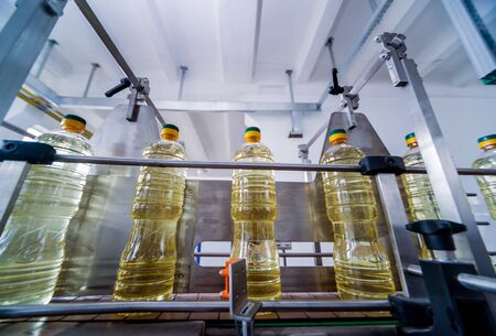Bottling line of sunflower oil in bottles. Vegetable oil production plant.の写真素材