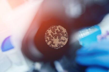 Microscope with metal lens at laboratory. Medical equipmentの写真素材