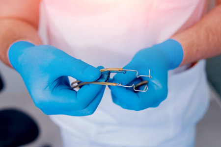 Ophthalmic eye surgery equipment. Surgeon holds an instrument. Surgical cataract treatment.