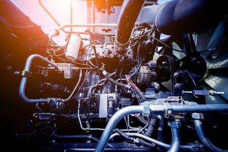 Modern new agricultural tractor engine. Machinery and equipment. Industrial details.の写真素材