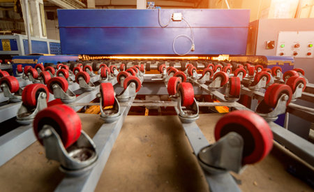 Conveyor belt for production a window pane. Industrial equipment.