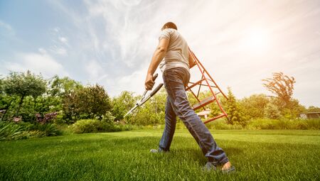 Professional gardener goes to cut trees with garden scissors and ladderの写真素材