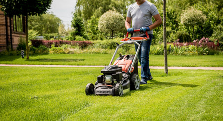 Gardener mowing the lawn. Landscape design. Green background