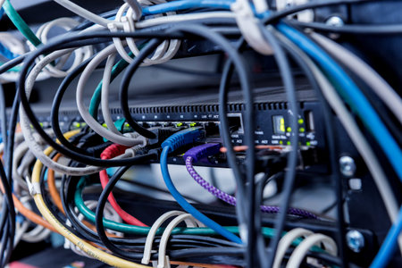 Server room with computers for internet. Network cables connected to switches. Data center.