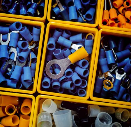 Electrical equipment. Electricity cables, wires and insulation. Background and textureの写真素材