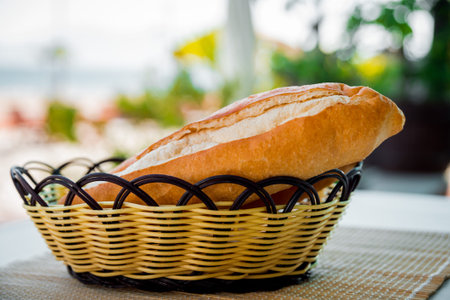 Basket with bread on the table. Bakeryの写真素材