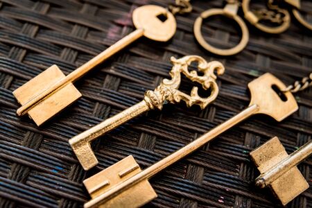 Vintage metal keys on the table. Beautiful backgroundの写真素材