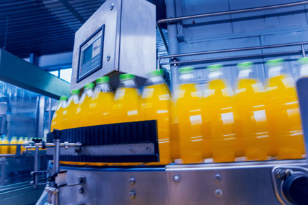 Beverage factory interior. Conveyor with bottles for juice or water. Modern equipments