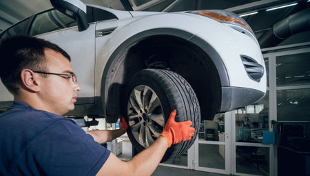Car mechanic inspecting wheel and suspension detail of lifted automobile