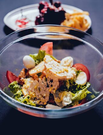Leaf vegetable salad with olives and cheese fetaの写真素材