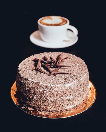 Chocolate cake on dark background. Restaurant backgroundの写真素材