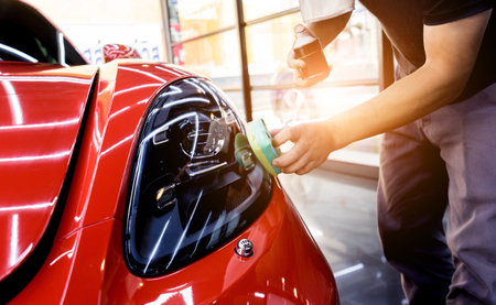 Car service worker applying nano coating on a car detail