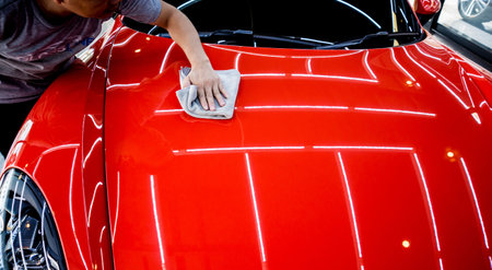 Car service worker polishing car with microfiber cloth.