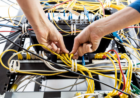 Network engineer working in server room. Connecting network cables to switchesの写真素材