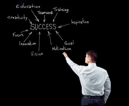 Businessman on a background of black wall. Drawing ideas. Creative background.の写真素材