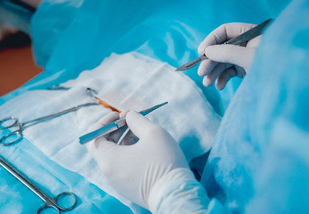 Group of surgeons in operating room with surgery equipment. Background