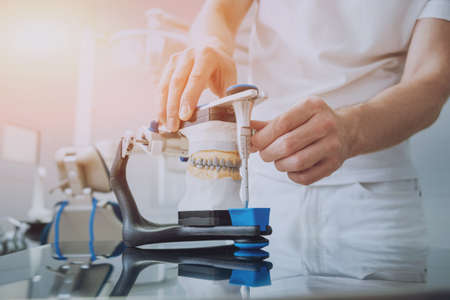 Dental technician working with articulator in dental labの写真素材