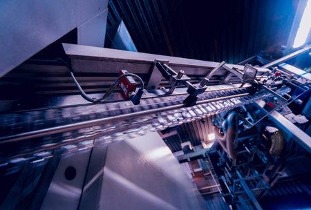 Beverage factory interior. Conveyor with bottles for juice or water. Modern equipments