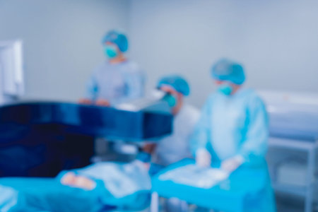 Laser vision correction. A patient and team of surgeons in the operating room during ophthalmic...