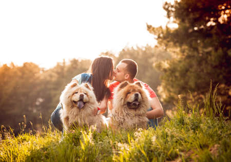 Young couple with the dogs in the parkの写真素材