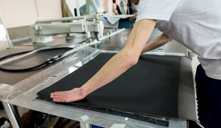 Fabric industry production line. Textile factory. Working tailoring process cloth. Modern equipment