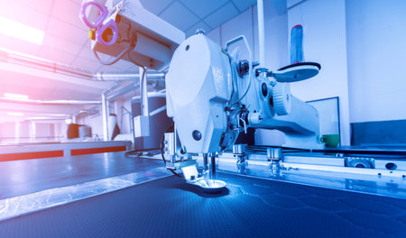 Fabric industry production line. Textile factory. Working tailoring process cloth. Modern equipment