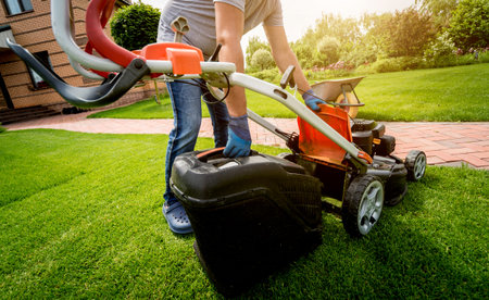 Gardener emptying lawn mower grass into a wheelbarrow after mowing. Landscape design. Gardening