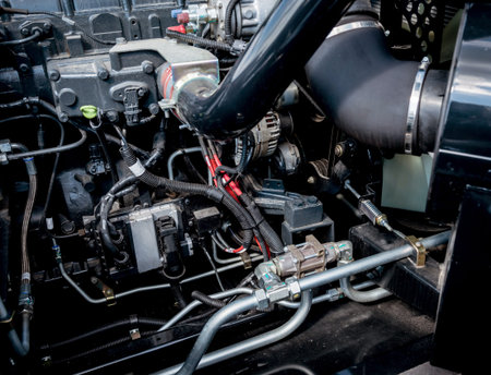Modern new agricultural tractor engine. Machinery and equipment. Industrial details.