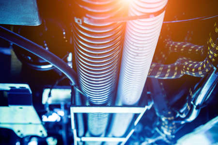 Harvester engine. Gear chains and new modern mechanisms. Agricultural machinery and equipmentの写真素材