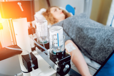 Medical equipment. Doctor and patient in the room of computed tomography at hospital.